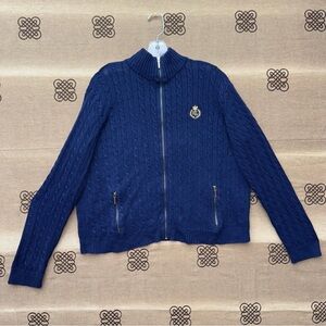 Lauren Ralph Lauren Blue Cable Knit Sweater Women'S Jacket Full Zip Logo Size XL